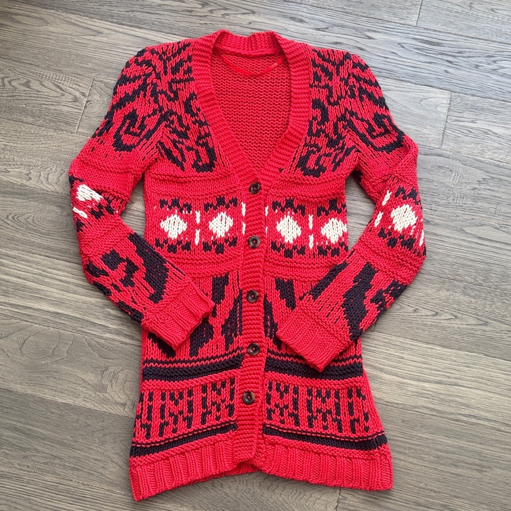 OUI | Red Patterned Knit Duster Button Up Sweater Made in Germany Size 2 - Picture 2 of 11